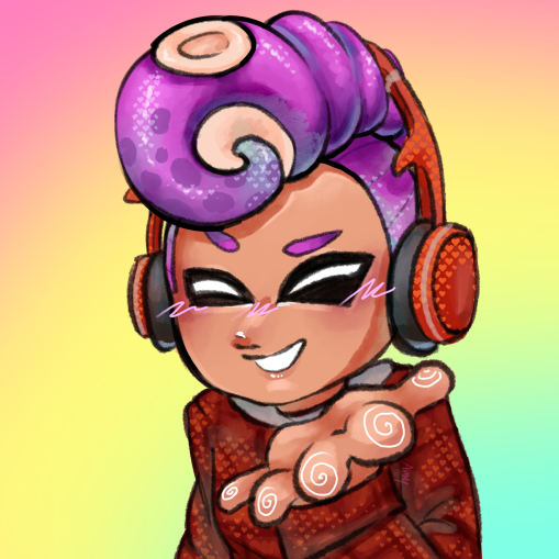 Artwork of my Octoling wearing the Annaki Flannel Hoodie and the Ocho Octophones.